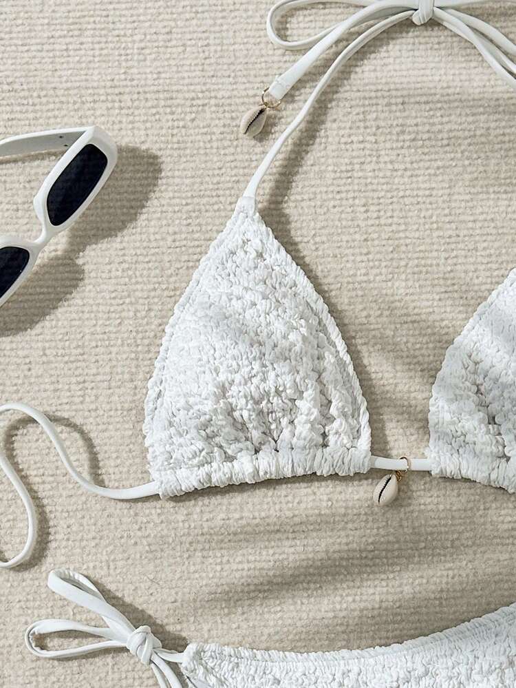 Solid Color Triangle Cup Halter Neck Tie Bikini Set Summer