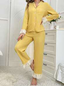 Contrast Ruffle Trim PJ Set / Pajama Set - Yellow - View 5