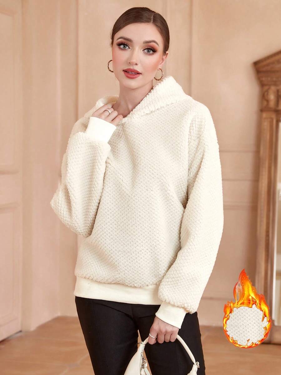 Mulvari Solid Drop Shoulder Fleece Hoodie Pullover Fall Sweatshirt - Beige - View 1