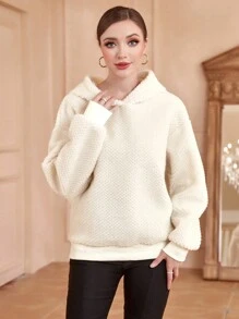 Mulvari Solid Drop Shoulder Fleece Hoodie Pullover Fall Sweatshirt - Beige - View 5