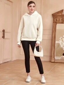 Mulvari Solid Drop Shoulder Fleece Hoodie Pullover Fall Sweatshirt - Beige - View 6
