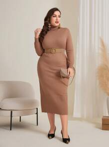 Mulvari Plus Size Women's High Neck Sweater Dress - Camel - View 6