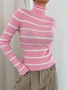 DAZY 條紋高領修身毛衣,內層穿著 - 粉色 - 查看 4