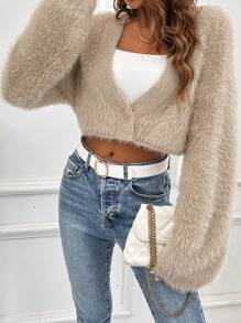 SHEIN LUNE Single Button Crop Fuzzy Cardigan Fall Cloth For Women - Apricot - View 4