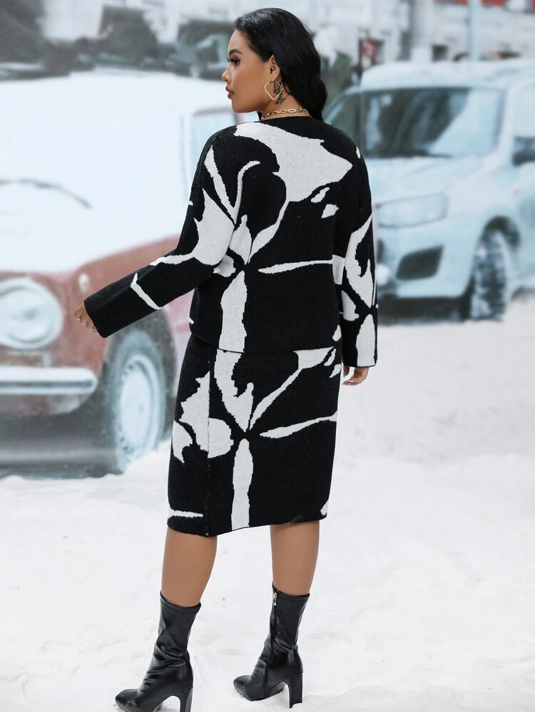Plus Graphic Pattern Drop Shoulder Sweater & Knit Skirt