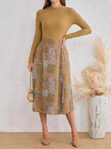 SHEIN Frenchy Rib-knit Tee & Ditsy Floral Split Thigh Skirt - Khaki - View 3