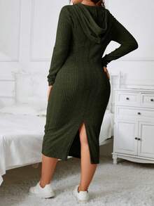 SHEIN Essnce Plus Size Ribbed Knit Drawstring Sweatshirt Dress - Green - View 2