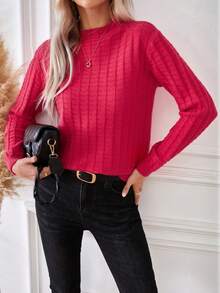 SHEIN Privé Solid Color Waffle Knit Sweater - Hot Pink - View 4