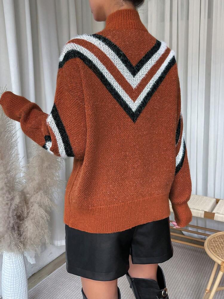 Chevron Pattern Mock Neck Drop Shoulder Sweater