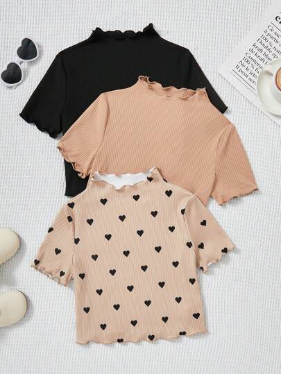 Conjunto De 3 Camisetas De Manga Larga Con Cuello Alto Y Detalle De Borde En Tejido Elástico Para Chicas Adolescentes