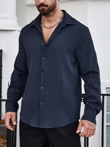 SHEIN Manfinity Homme 男士純色休閒長袖襯衫 - 藏蓝色 - 查看 3