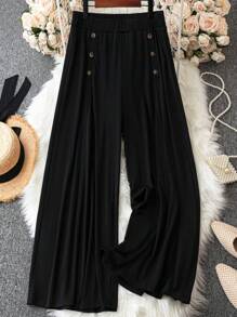 Calvaya Pantalones De Talla Grande De Pierna Ancha De Color Sólido Con Adornos De Doble Botonadura
