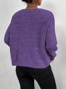 SHEIN Frenchy Solid V-Neck Drop Shoulder Sweater - Purple - View 2