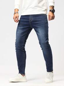 Manfinity Homme Men's Washed Slim-Fit Jeans, Plain Dark Blue Slim Fit Long Dark Wash Jeans Washed Cargo Jeans, For Husband, Boyfriend Gifts - Dark Wash - View 6