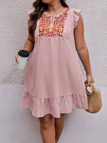 Plus Size Striped & Printed & Embroidered Patchwork Cap Sleeve Dress