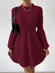 SHEIN Essnce Solid Color Ribbed Knit Sweater Dress - Burgundy - View 1