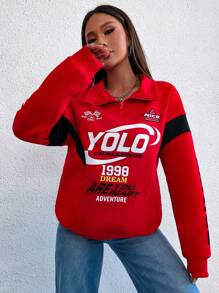 SHEIN Unity Letter Graphic Half Zip Drop Shoulder Sweatshirt - Red - View 3