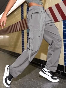 Quần nữ Nút Túi Dây kéo màu trơn Giải trí - Màu Xám nhạt - Xem 4