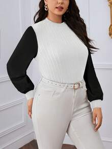 SHEIN Privé Kích thước lớn Của phụ nữ Màu sắc Tương phản Tay áo dài Đứng cổ áo Áo thun - Đen và trắng - Xem 3