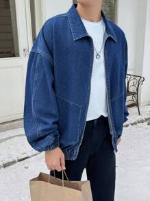 Claim Dot 男式寬鬆垂墜肩牛仔外套 - 藍色 - 查看 1