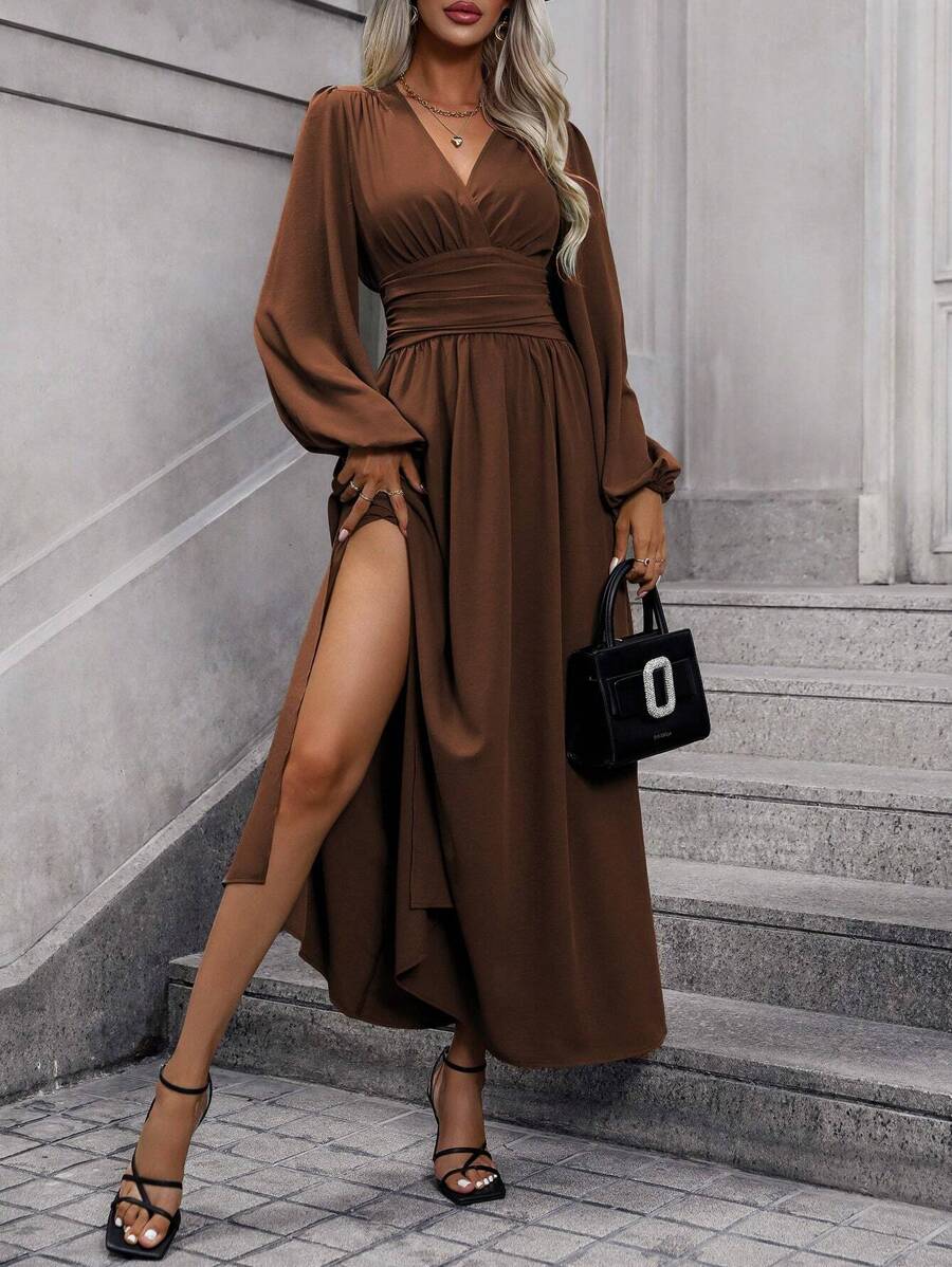 EMERY ROSE Lantern Sleeve Split Thigh Dress Maxi Women Outfit Fall Cloth For Women - Chocolate Brown - View 1