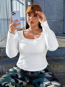 SHEIN EZwear 女性加大尺碼純色方領修身t恤