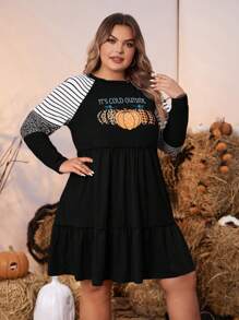 SHEIN LUNE Talla grande Vestido de rayas & estampado de calabaza de manga raglán bajo con fruncido - Negro - Ver 4