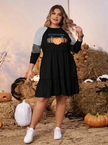SHEIN LUNE Talla grande Vestido de rayas & estampado de calabaza de manga raglán bajo con fruncido - Negro - Ver 6