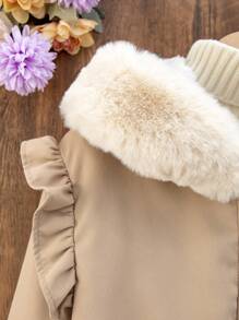 SHEIN Tween Girl Hooded Cinched Waist Khaki Padded Coat - Khaki - View 3