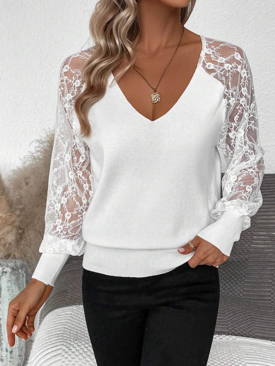 SHEIN Frenchy Ren tương phản Tay Raglan Áo len - trắng - Xem 1