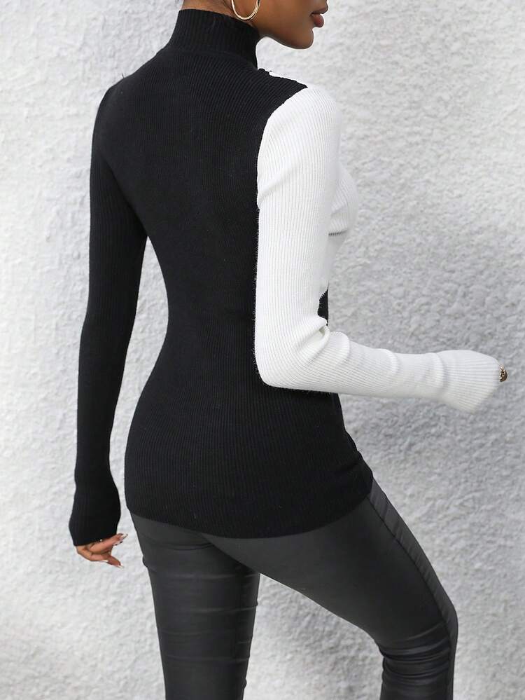 Two Tone Cut Out Mock Neck Knit Pullover Fall Winter Sweater