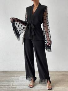 SHEIN LUNE Contrast Mesh Flare Sleeve Top And Fringe Hem Pants Set - Black - View 3