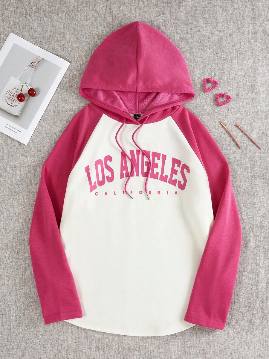 SHEIN EZwear Đồ họa Chữ cái Tay Raglan Dây rút áo có mũ Áo thun - Nhiều màu - Xem 1