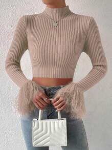 Zolique Solid Color Half High Neck Cropped Knit Pullover Fall Winter Sweater - Camel - View 6