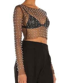 Áo croptop dài tay bằng vải lưới xuyên thấu đính ngọc trai và đá lấp lánh, gợi cảm dành cho nữ, không cần áo ngực, thích hợp cho các lễ hội âm nhạc, tiệc tùng và nhiều dịp khác, màu đen mùa xuân. - màu đen - Xem 3