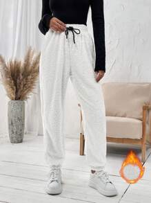 SHEIN LUNE Drawstring Waist Thermal Lined Sweatpants - White - View 1