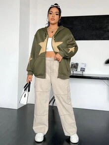SHEIN EZwear 加大码星形印花拉链抽绳卫衣 - 軍綠色 - 查看 5