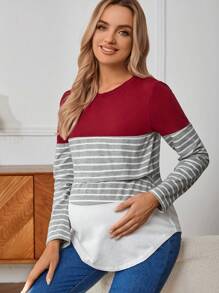 SHEIN 孕婦條紋哺乳運動衫 - 酒紅色 - 查看 6