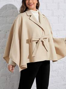 SHEIN Privé 大尺碼披風風格羊毛外套,採用前綁帶設計 - 卡其色 - 查看 3