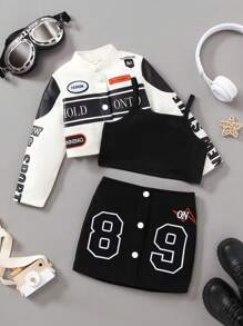SHEIN Cô Gái Trẻ Mát mẻ Xe máy Phong cách In Áo khoác & Áo ba lỗ Áo & Váy mini 3 cái/bộ Đối với Mùa thu đông - Nhiều màu - Xem 3