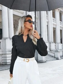 Aveloria 秋季休闲纯色随机镂空刺绣缺口领长袖衬衫 - 黑色 - 查看 3