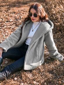 SHEIN Essnce 女式帶斜口袋帽t長袖外套 - 深灰色 - 查看 4