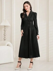 Modelyn 女士鈕扣立領連身裙 - 黑色 - 查看 5