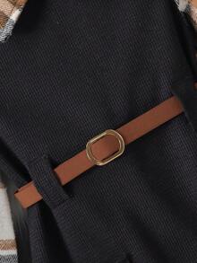 SHEIN Cô Gái Trẻ In kẻ sọc Váy có thắt lưng - màu nâu - Xem 3