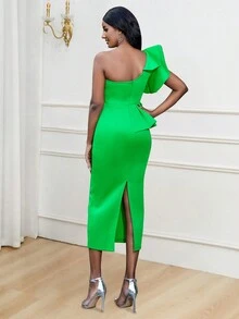單肩荷葉邊修身綠色連衣裙 - 綠色 - 查看 2