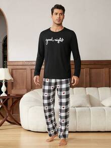 男士英文字母印花運動衫和格紋長褲套裝 - 黑色 - 查看 5