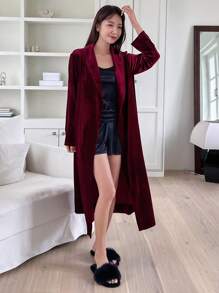 DAZY 女士纯色丝绒睡袍，秋季、冬季、圣诞节、新年 - 酒紅色 - 查看 4