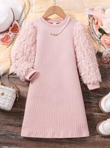 SHEIN Vestido De Punto Acanalado Con Mangas Peludas Para Niña Joven - Rosa Pálido - Ver 1