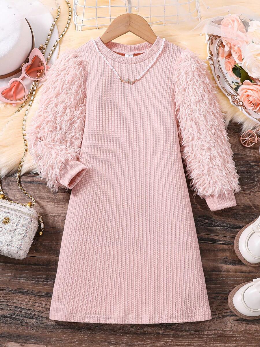 SHEIN Vestido De Punto Acanalado Con Mangas Peludas Para Niña Joven - Rosa Pálido - Ver 1