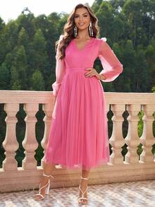 Joyfunear 女士纯色 V 领网眼长袖连衣裙 - 玫紅色 - 查看 4